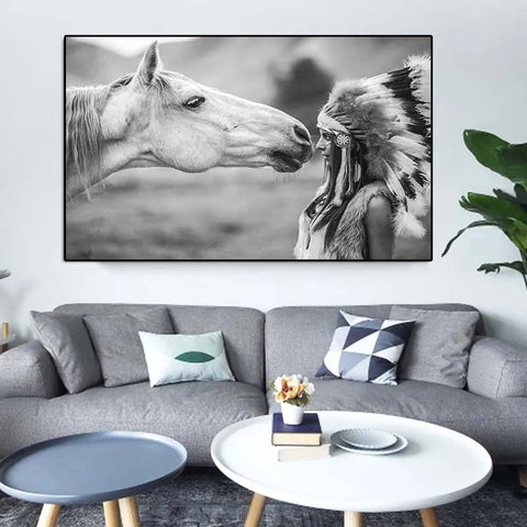 Native Indian With Horse Portrait Canvas Scandinavian Poster