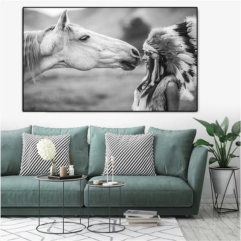 Native Indian With Horse Portrait Canvas Scandinavian Poster